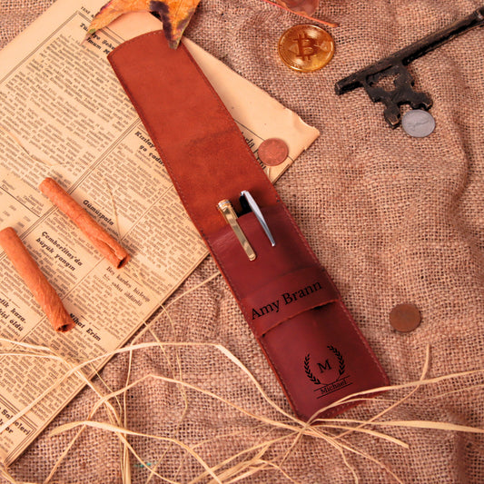Open brown leather pen holder personalized for Amy Brown