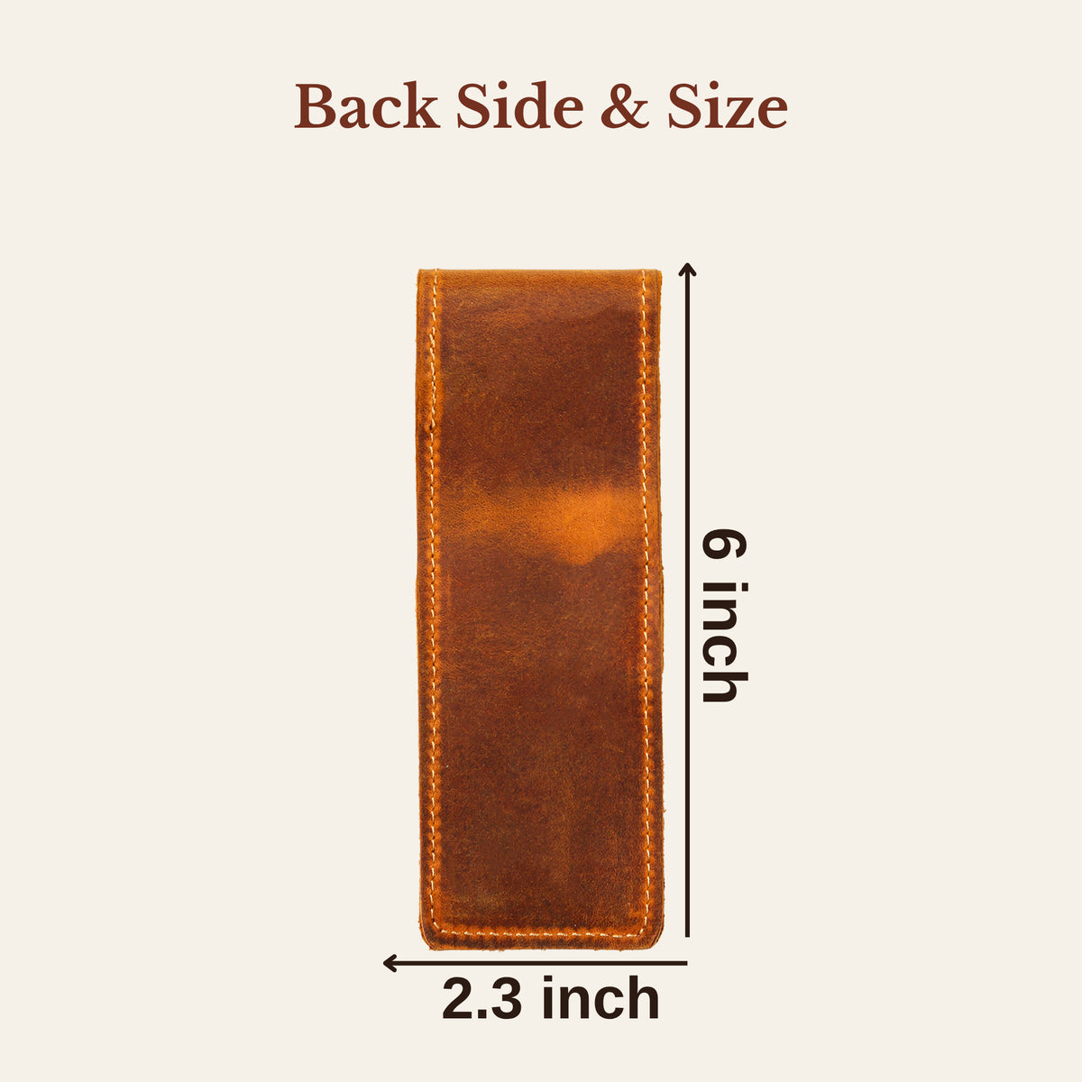 Back view and 6 by 2.3 inch size guide for the leather pen case
