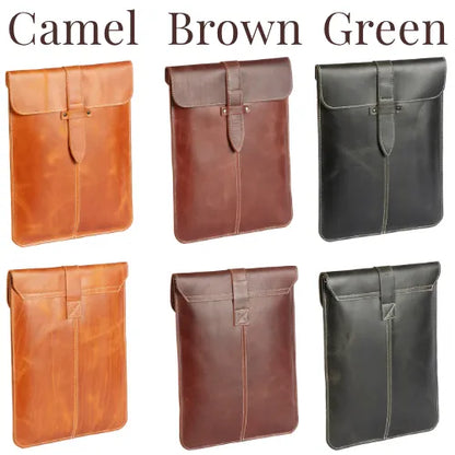 Camel, Brown, and Green leather iPad sleeve color options