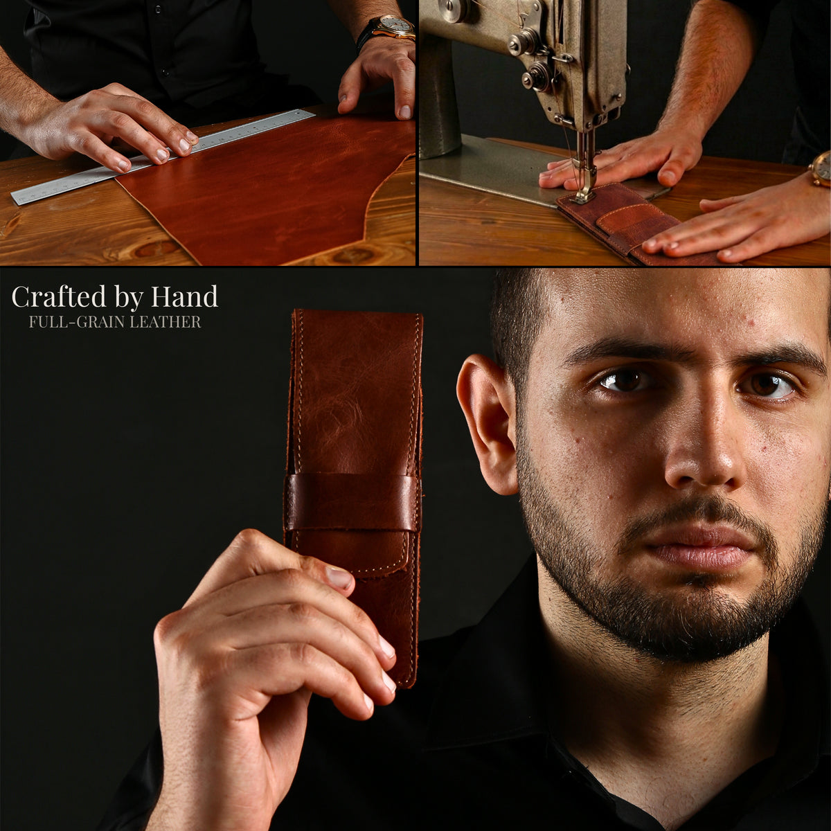 Workshop collage featuring a brown leather fountain pen holder
