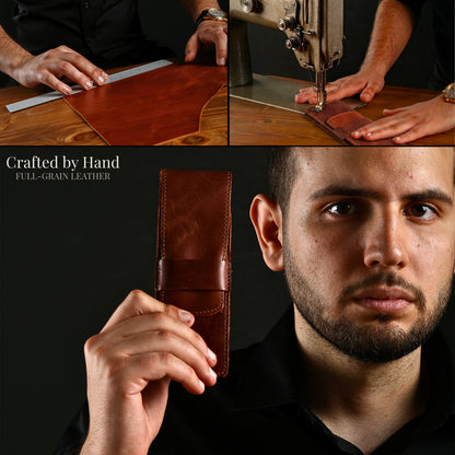Workshop collage featuring a brown leather fountain pen holder