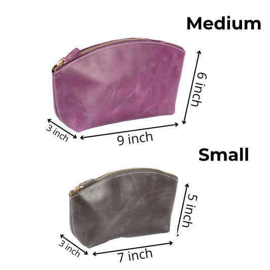 Small and Medium personalized leather makeup bag size guide