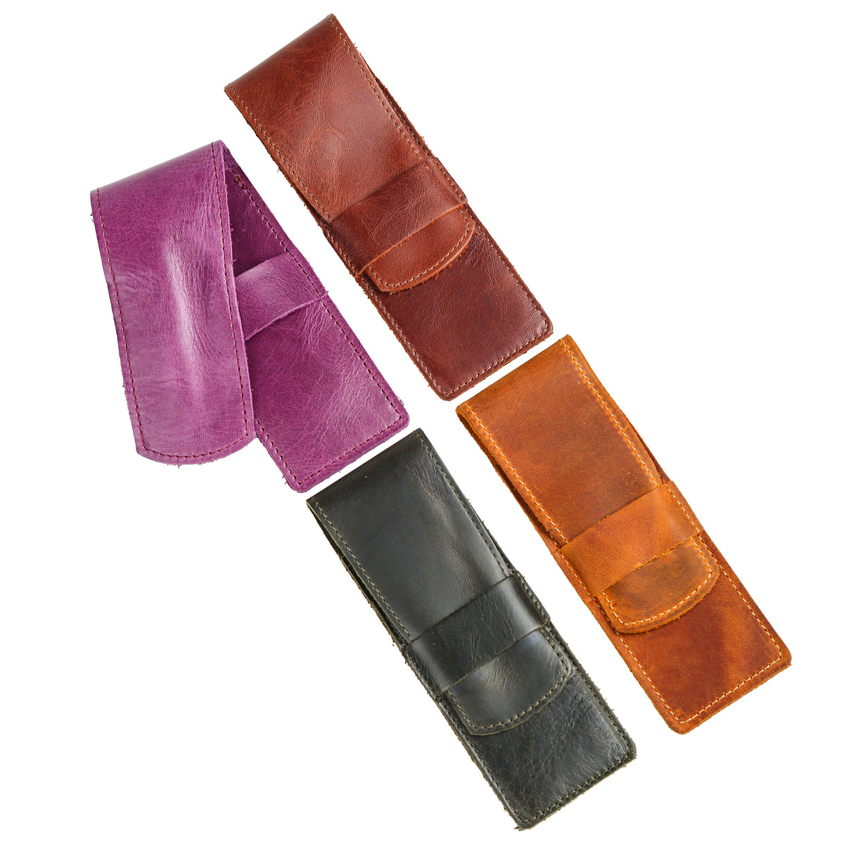 Four full grain leather pen cases in Purple, Brown, Green, and Camel