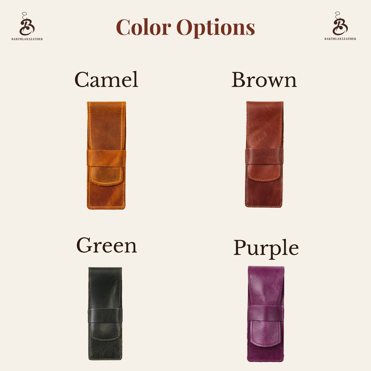 Camel, Brown, Green, and Purple leather pen case color options
