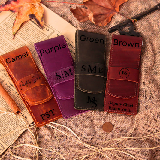 Camel, Purple, Green, and Brown personalized leather pen cases