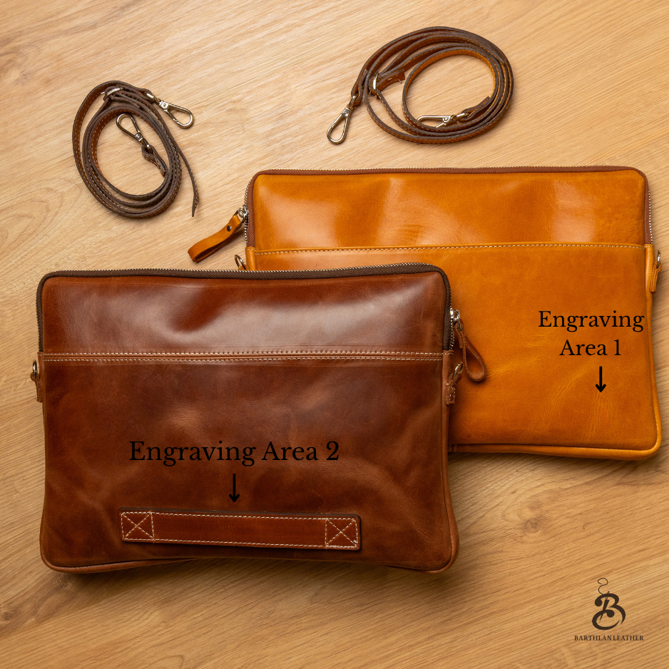 Camel and chestnut laptop bags showing front and back engraving areas