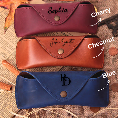 Personalized leather sunglasses cases in Cherry, Chestnut, and Blue