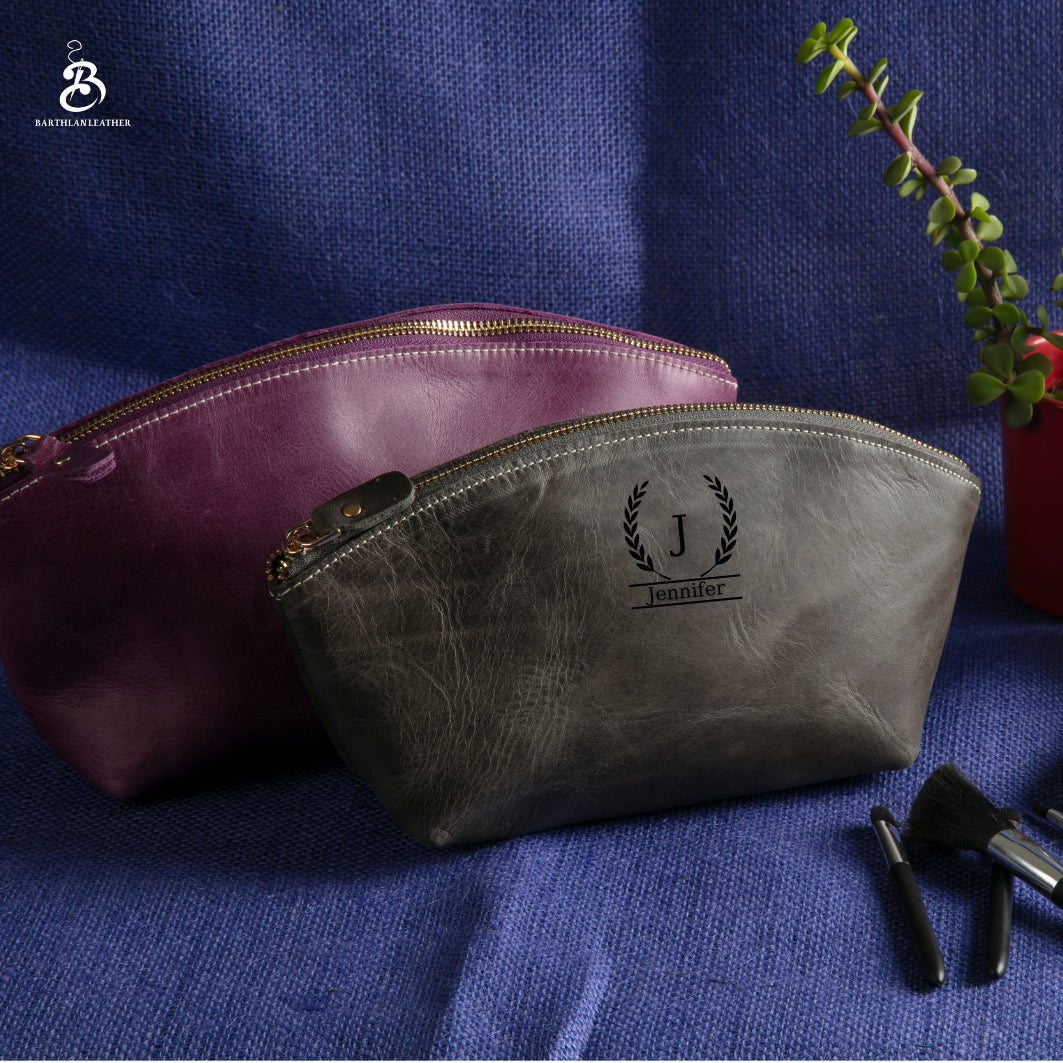 Purple and Anthracite leather makeup bags with monogram examples