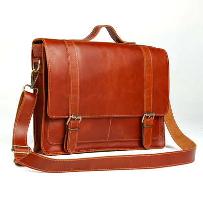 Front view of chestnut leather briefcase with adjustable shoulder strap