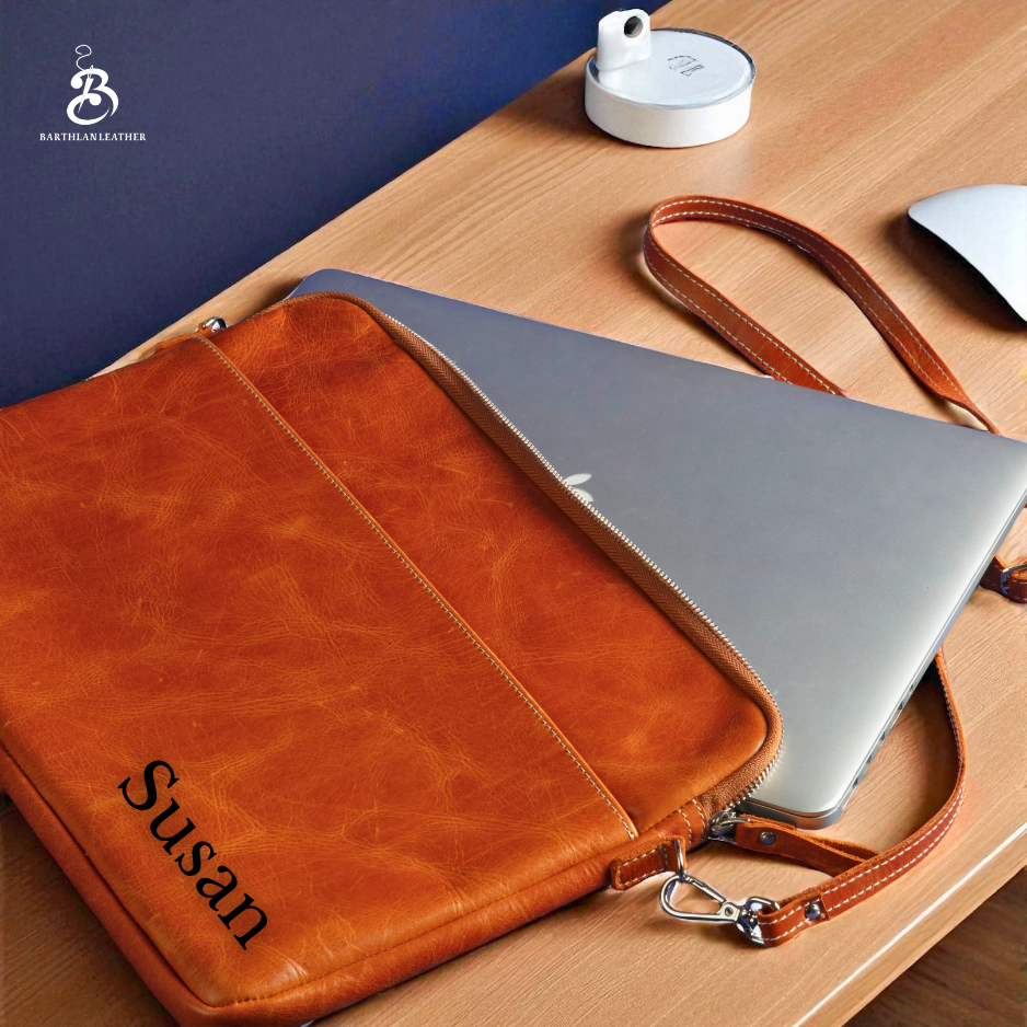 Personalized camel leather laptop bag with removable shoulder strap