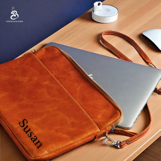 Personalized camel leather laptop bag with removable shoulder strap