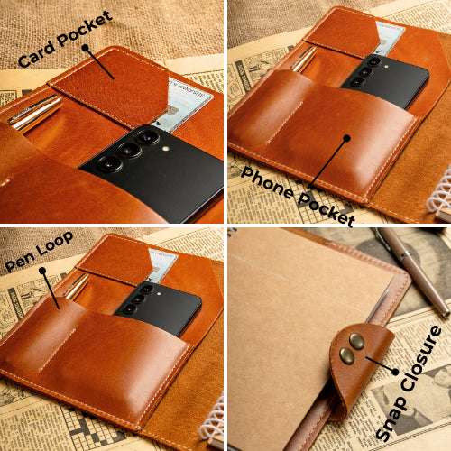 A5 portfolio details showing card pocket, phone pocket, pen loop, and snap closure
