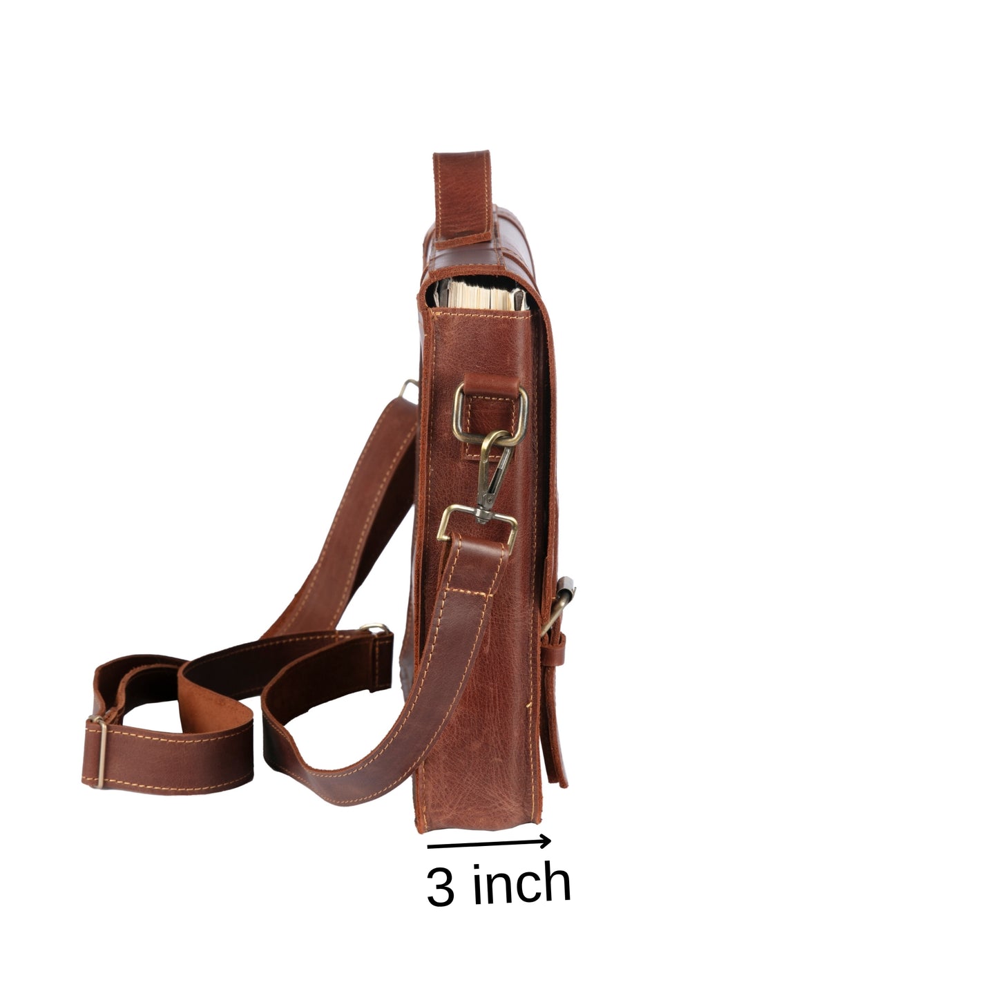 Side profile of a 3-inch-wide leather briefcase with shoulder strap