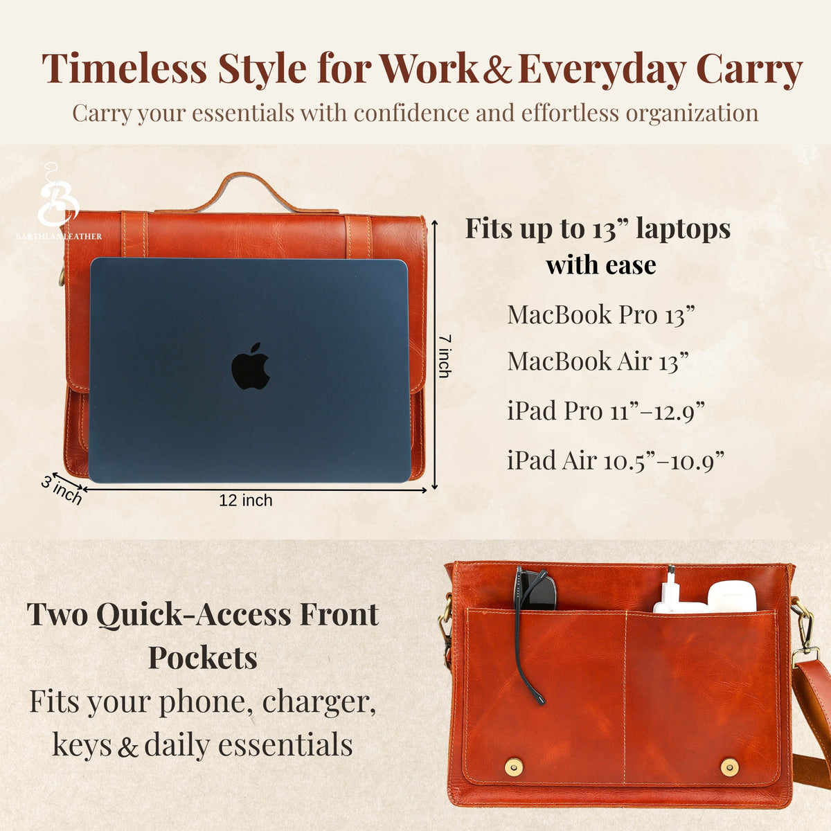 Leather briefcase size and laptop fit guide with front pocket details
