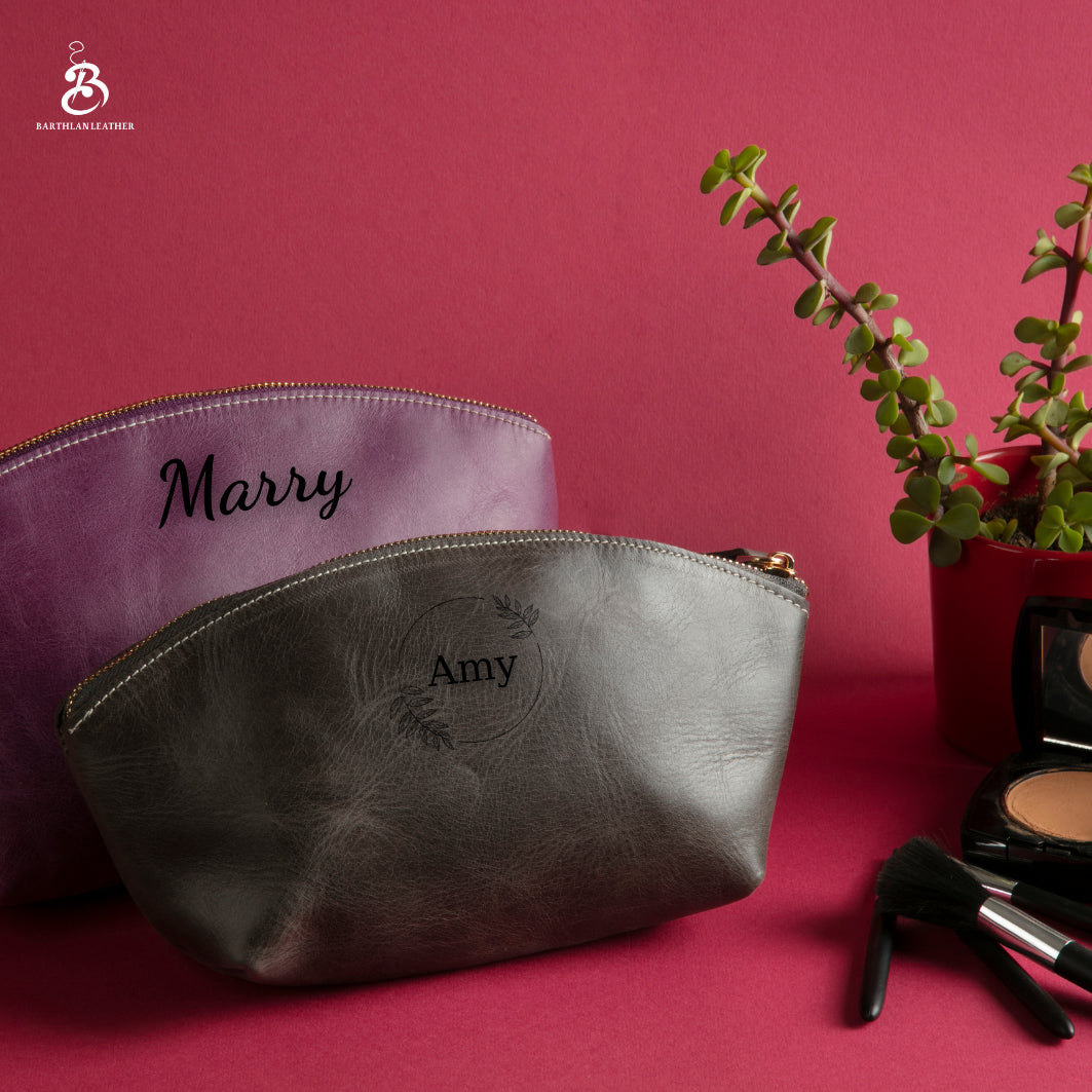 Purple and Anthracite leather makeup bags personalized with names