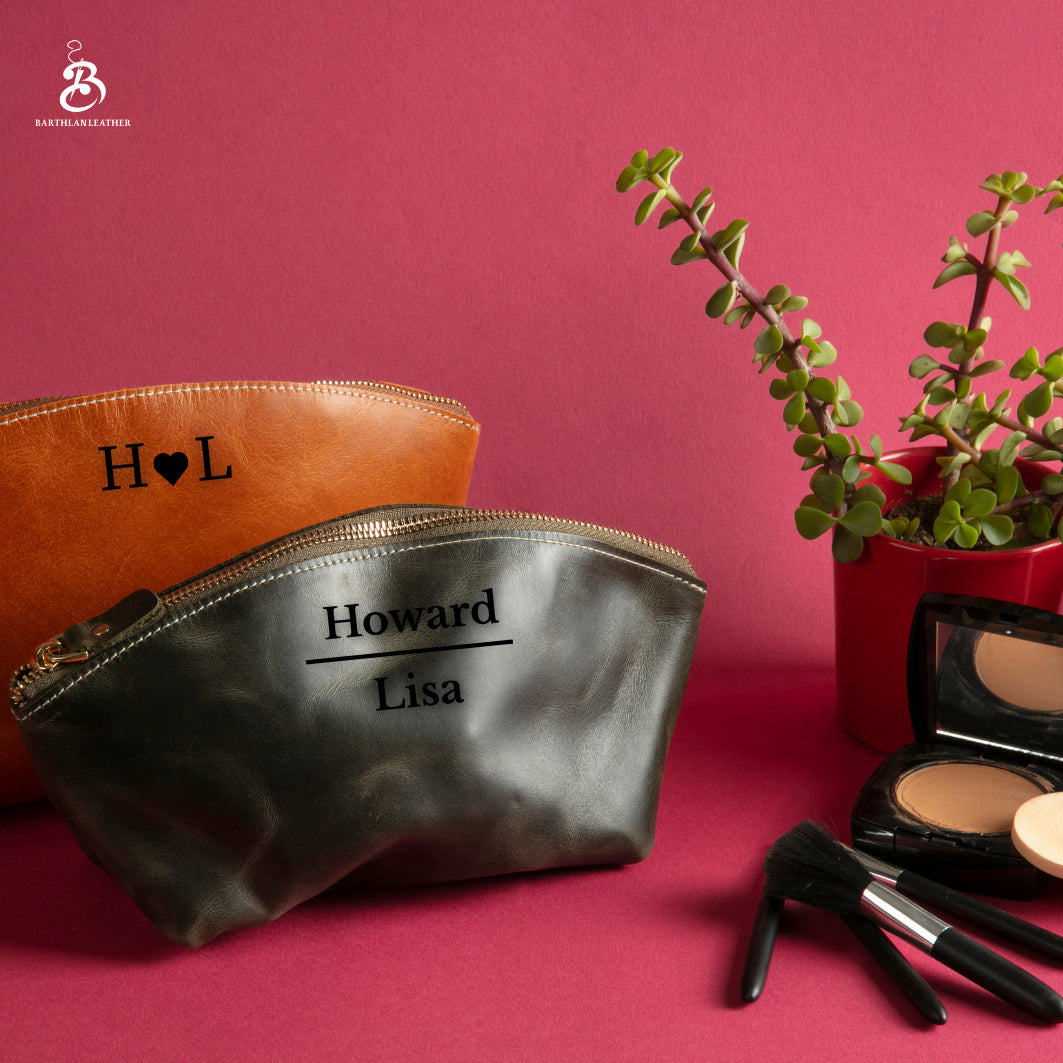 Brown and Anthracite personalized leather makeup bags with cosmetics
