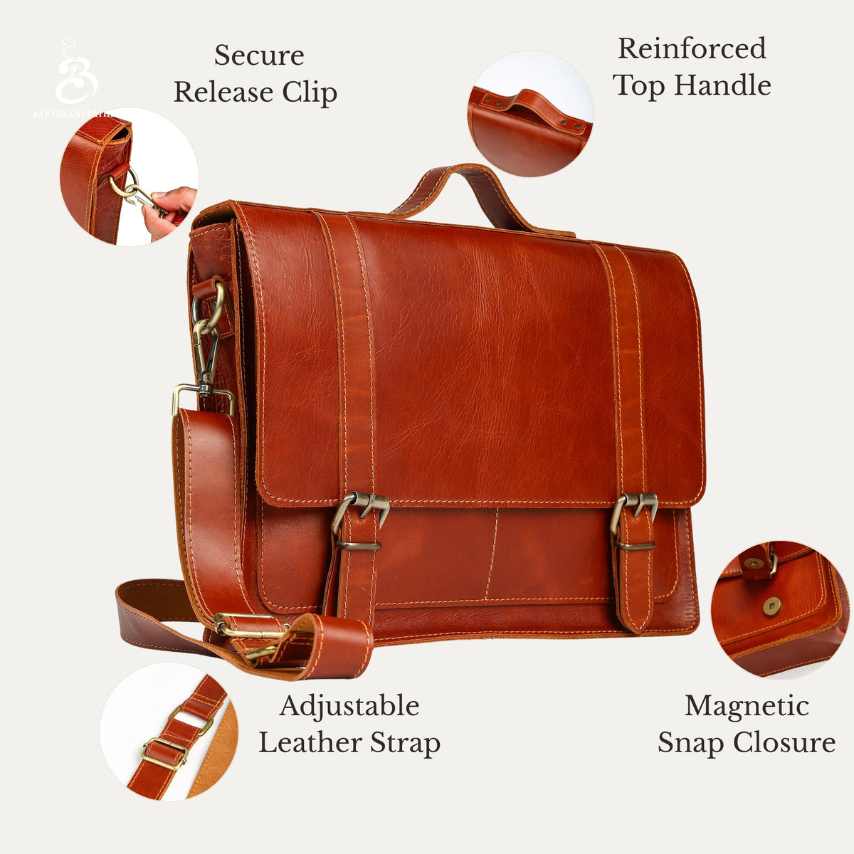 Leather briefcase feature guide showing handle, strap, clip, and magnetic closure