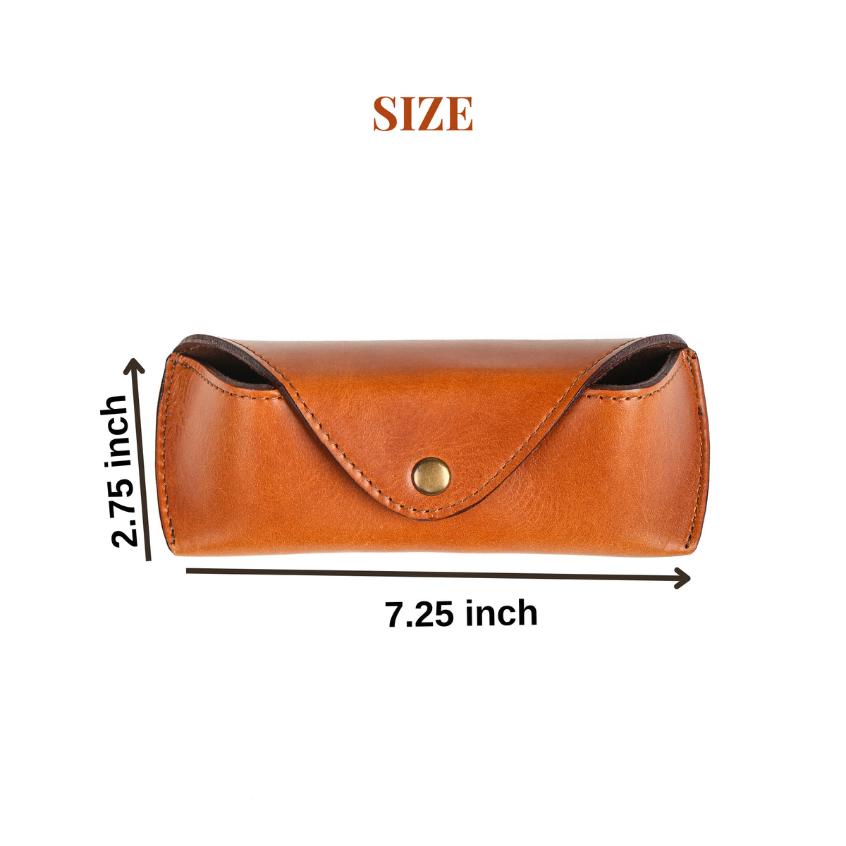 Leather sunglasses case size guide showing 7.25 by 2.75 inches