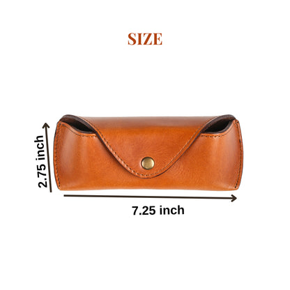 Leather sunglasses case size guide showing 7.25 by 2.75 inches