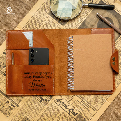 Personalized chestnut A5 portfolio open with notebook, cards, phone, and pen