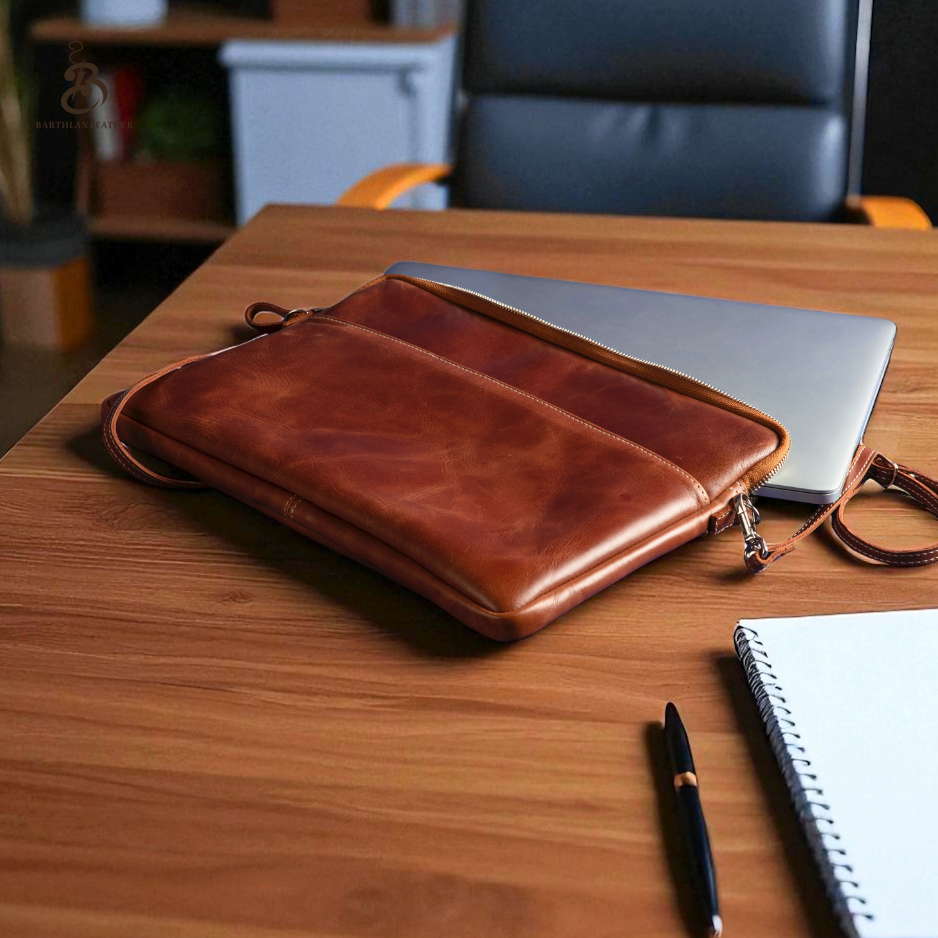 Chestnut leather laptop sleeve beside a 13-inch laptop and notebook