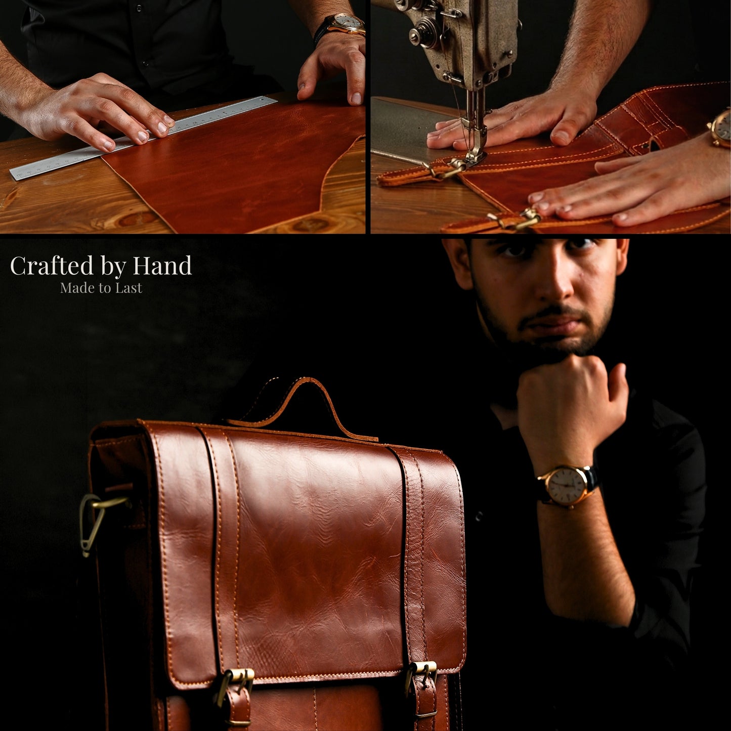 Workshop collage showing the leather briefcase construction process
