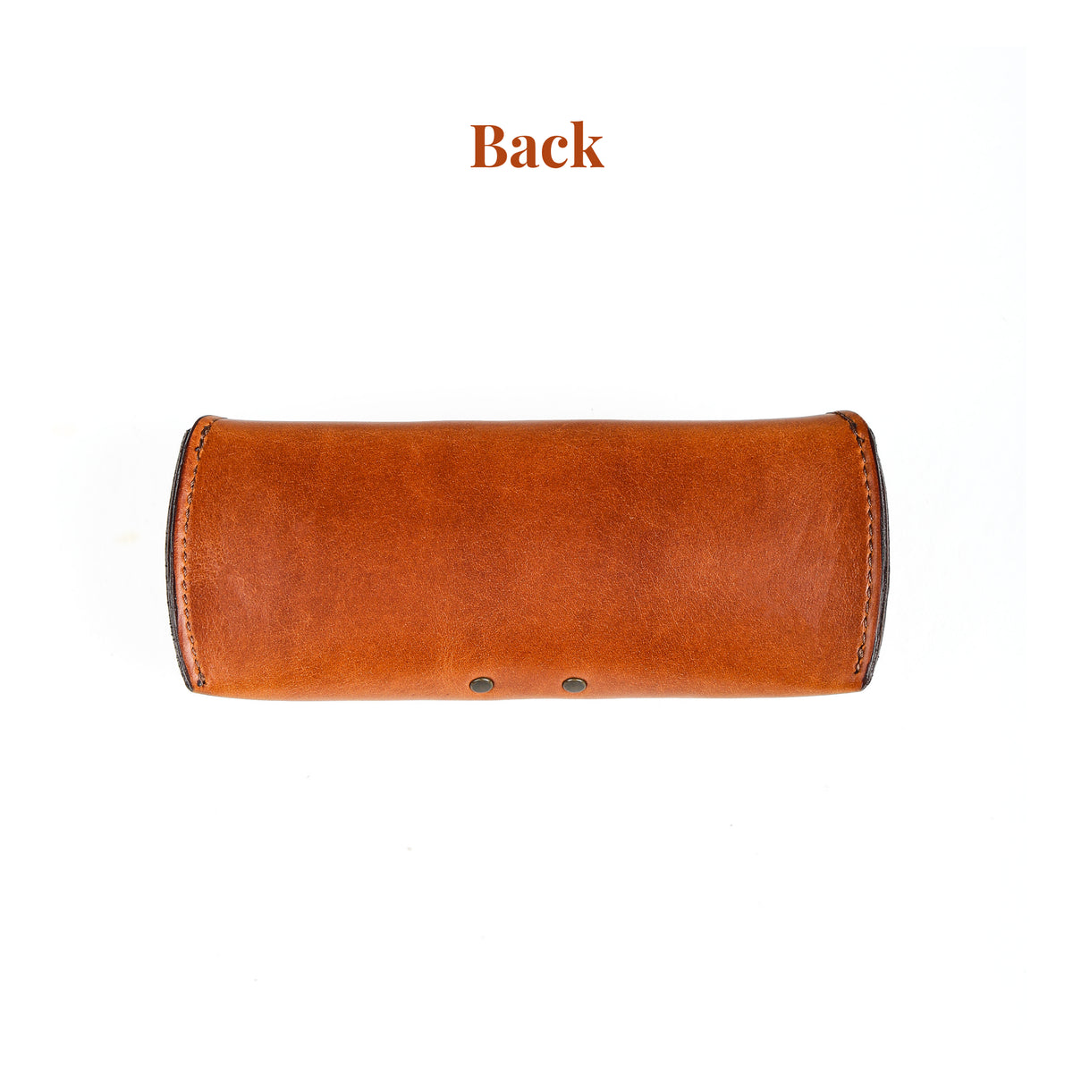 Back view of a chestnut full grain leather sunglasses case
