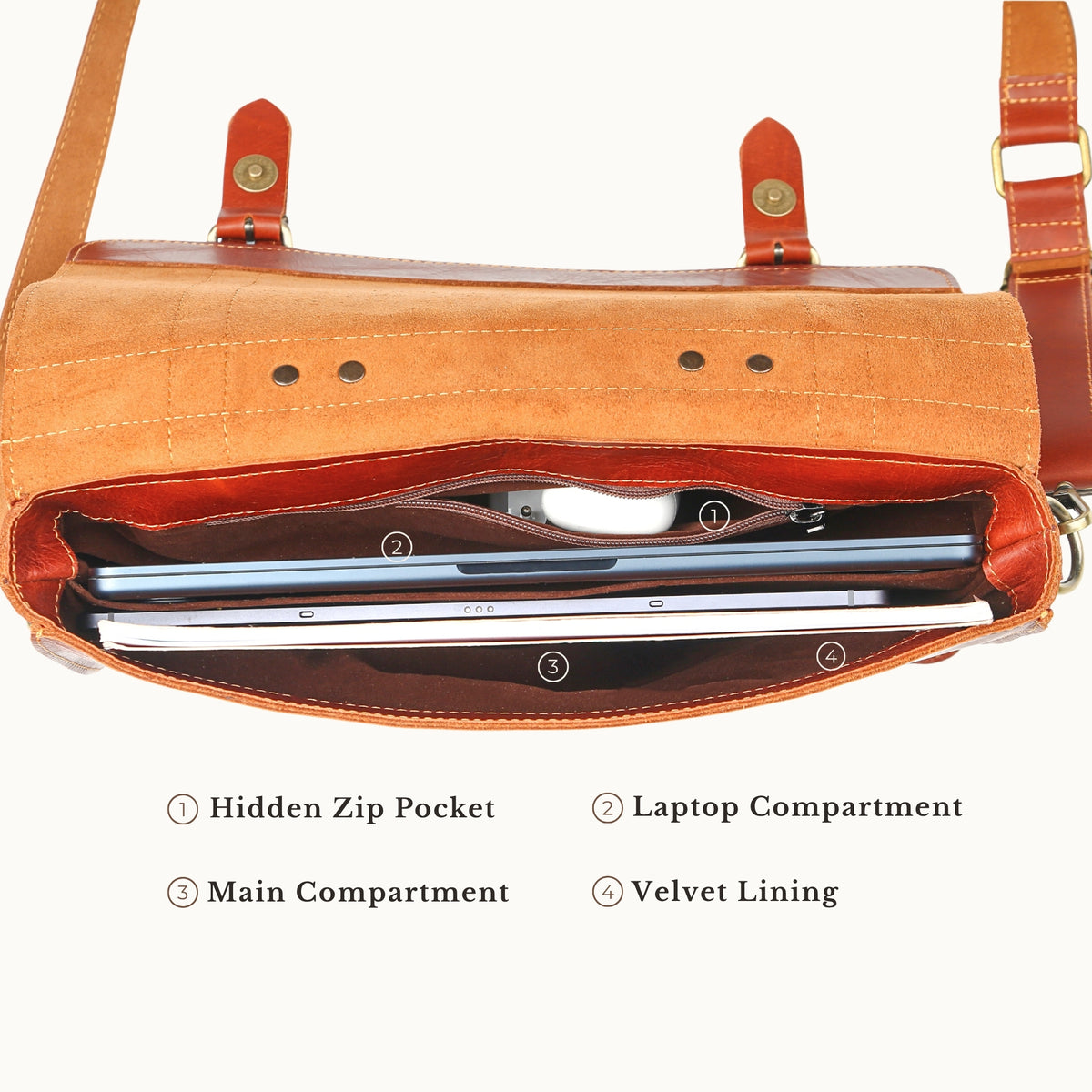 Open leather briefcase showing laptop compartment, zip pocket, and velvet lining
