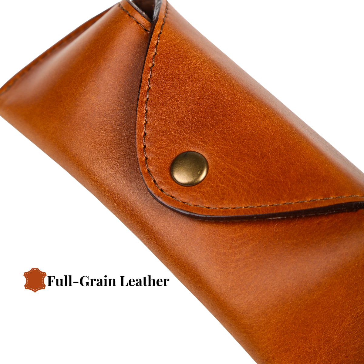 Close-up of a chestnut leather sunglasses case with brass snap