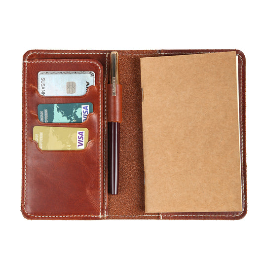 Open brown Field Notes leather cover with three card slots and pen loop