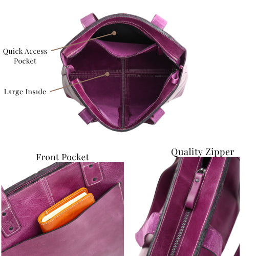 Purple leather tote feature guide showing pockets and top zipper