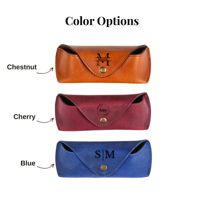Chestnut, Cherry, and Blue personalized sunglasses case color options