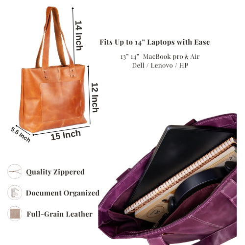 Leather tote size guide with 15 by 12 by 5.5 inch dimensions and 14-inch laptop fit