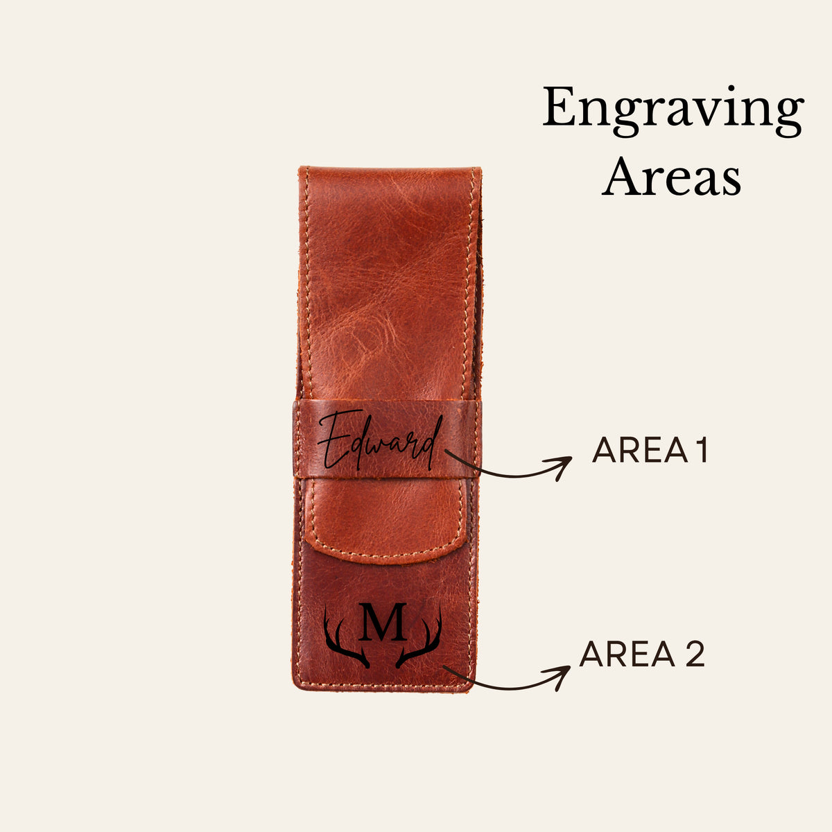 Personalized pen case showing two available engraving areas