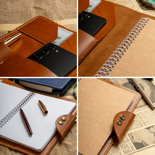 Collage of A5 leather portfolio interior storage and snap closure