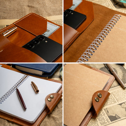 Collage of A5 leather portfolio interior storage and snap closure